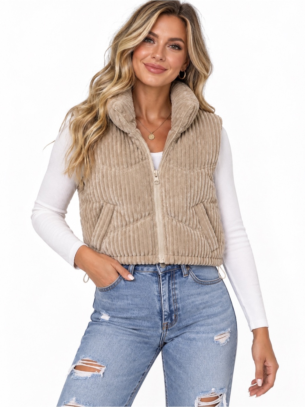 New In Cropped Corduroy Puffer Vest in Beige NWOT